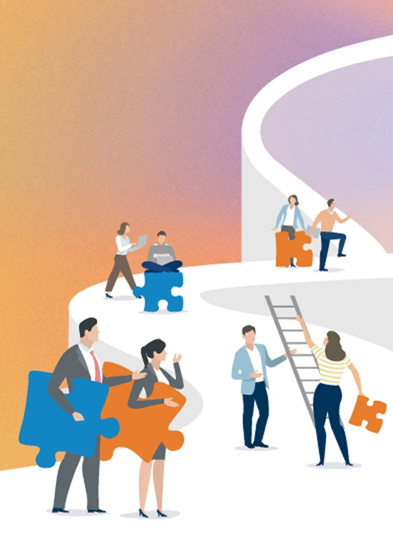 目標に向かっている人々に対して、パズルピースを持った人が協力して目標達成を支援しているイラスト